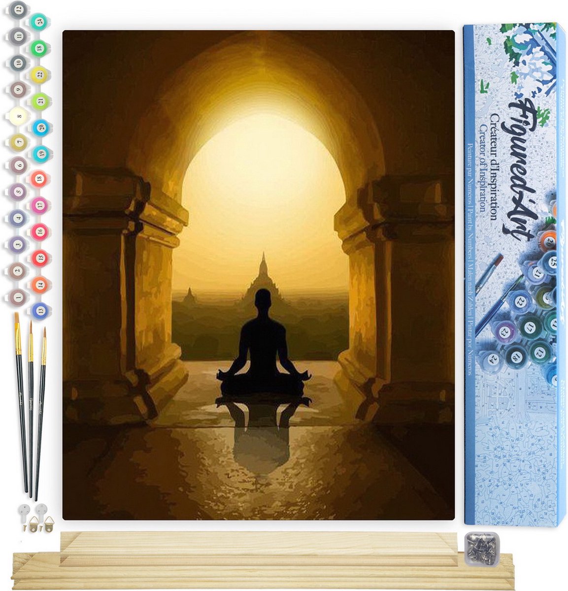 FiguredArt Schilderen op Nummer Volwassenen canvas Boeddhisme in Azië - Handwerk acrylverf Kit DIY Compleet - 40x50cm met DIY houten lijst